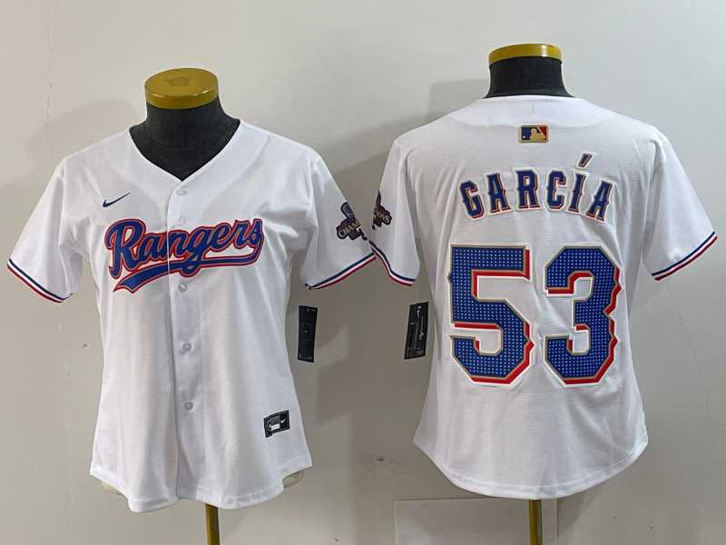 Women%27s Texas Rangers #53 Adolis Garcia White 2024 Gold Collection Limited Cool Base Jersey->mlb youth jerseys->MLB Jersey